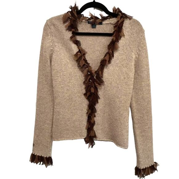 Boden Lambswool Fringe Knit Cardigan Sweater S Beige Quiet Luxury Fall Designer - Picture 3 of 13